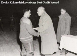 1961 - 62 Kooky Kukurudziak receiving Best Goalie Award
